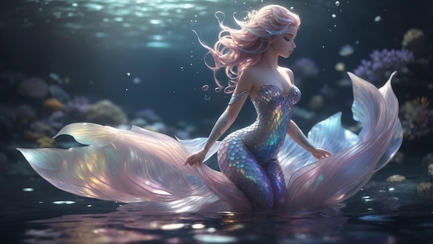 Ethereal Ocean Elegance Iridescent Mermaid in Marine Majesty