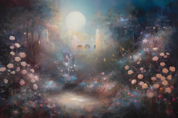 Ethereal painting of a Ramadan moonlit garden digital art illustration