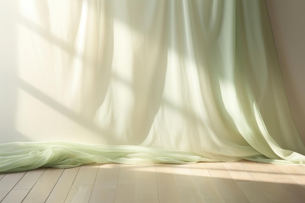 An ethereal pastelhued background featuring a curtain gently blowing in the breeze allowing