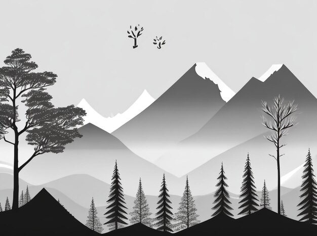 Ethereal Peaks Black and White Mountain Range Drawing