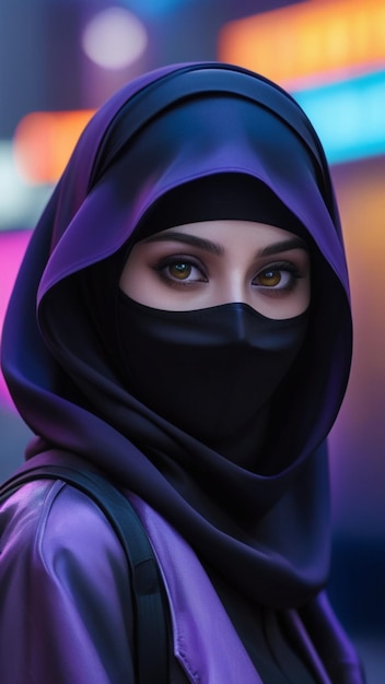 Ethereal Photography Cyber Girl in Zwarte Hijab en Masker Blade Runner 2049 Atmosfeer