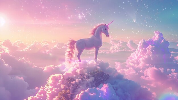 Photo an ethereal podium surrounded by floating clouds and radiant stars a graceful unicorn with a flowing