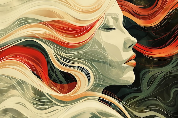 Ethereal portrait of a woman with flowing hair in a vibrant abstract style