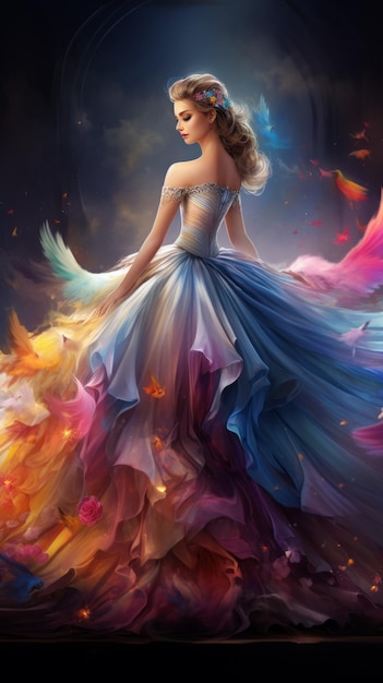An ethereal princess in a gown of rainbow feathers