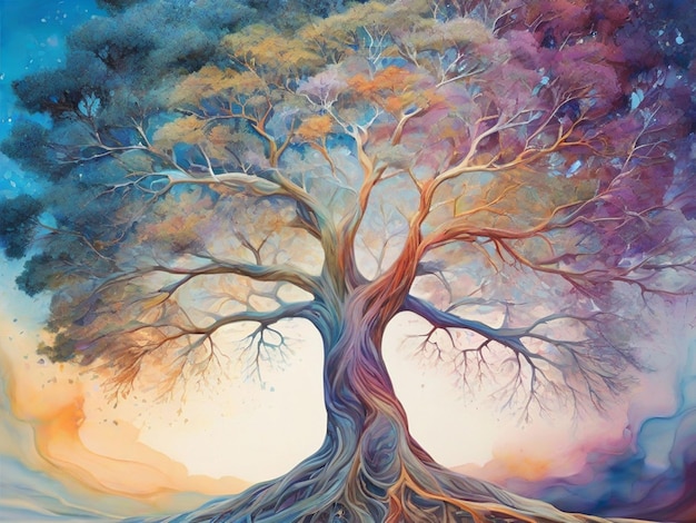 In the ethereal realm of a watercolor painting tree