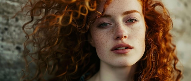 Ethereal redhead with piercing gaze her beauty accentuated by natural curls and delicate freckles