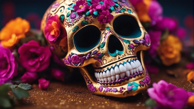 Ethereal Remains A Delicate Floral Crown Adorns a Meticulously Decorated Skull