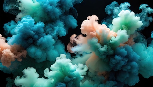 Ethereal Smoke Dark Cerulean Celadon Green and Peach Puff Swirling Fantasy Background Serene and De