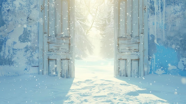 Ethereal Snow Scene Soft Light Filters Through Antique Shabby Chic Doors at the End of a Pathway