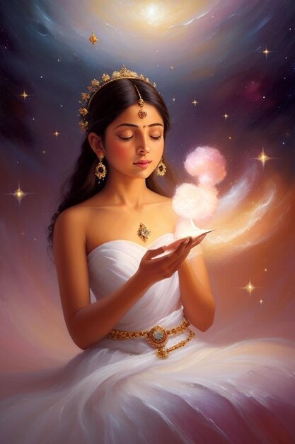 ethereal space Indian goddess floating among nebulae