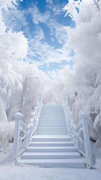 Photo an ethereal staircase ascending through a wintry snowladen forest perfect for fantasy or wintertheme