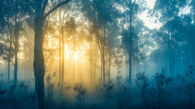 Photo ethereal sunbeams filter through the fogcovered woods at dawn