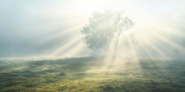 Ethereal sunrays piercing morning mist around solitary tree in pastoral landscape