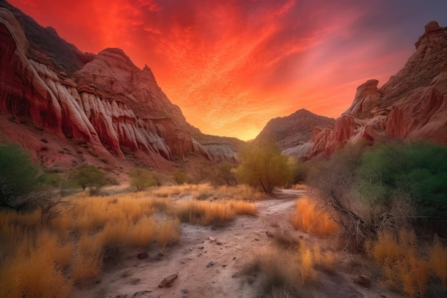 Ethereal sunrise illuminating fiery canyon landscape created with generative ai