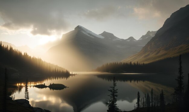 Ethereal Sunrise over Medicine Lake in Jasper National Park