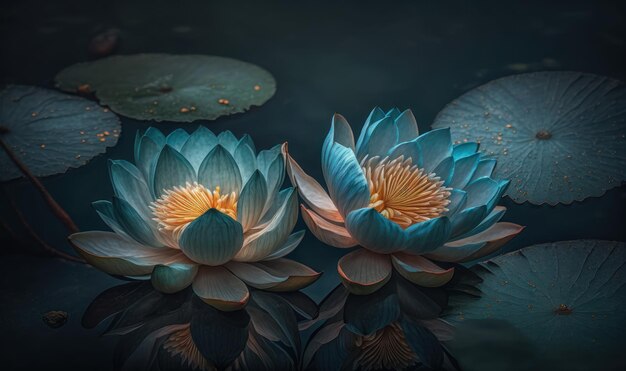 Ethereal Thai Lotus in Dark Blue Water