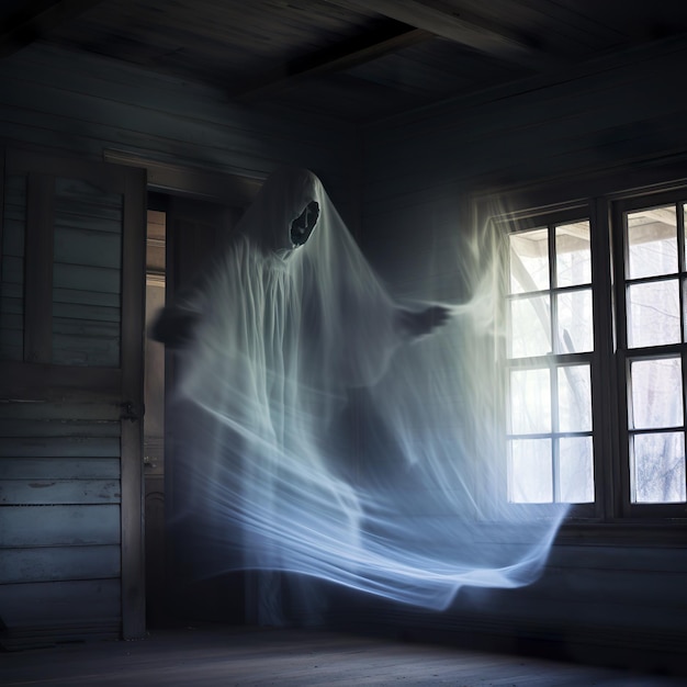 Ethereal translucent ghost in a haunted house