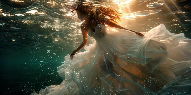 An ethereal underwater photoshoot of a woman wearing a wedding dress