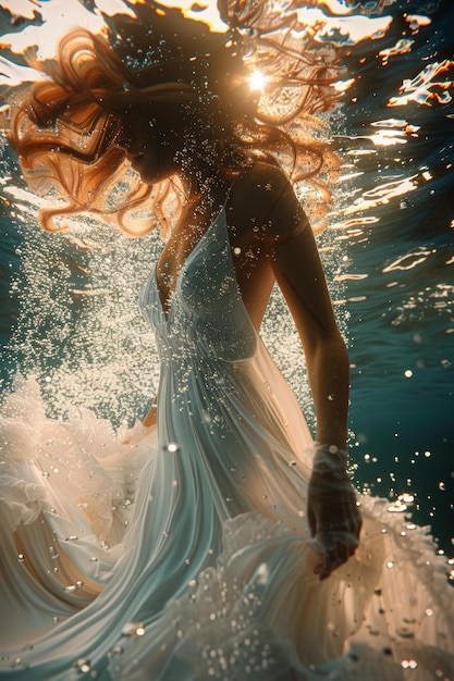 Foto un etereo servizio fotografico sottomarino di una donna che indossa un vestito bianco