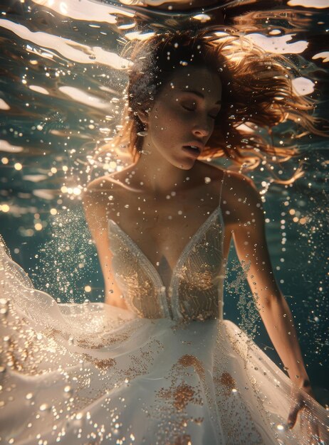 An ethereal underwater portrait of a woman in a white dress