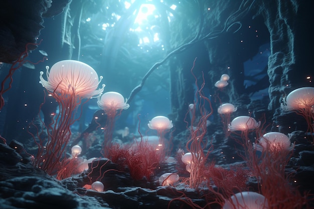 Ethereal underwater scene with bioluminescent crea 00290 02