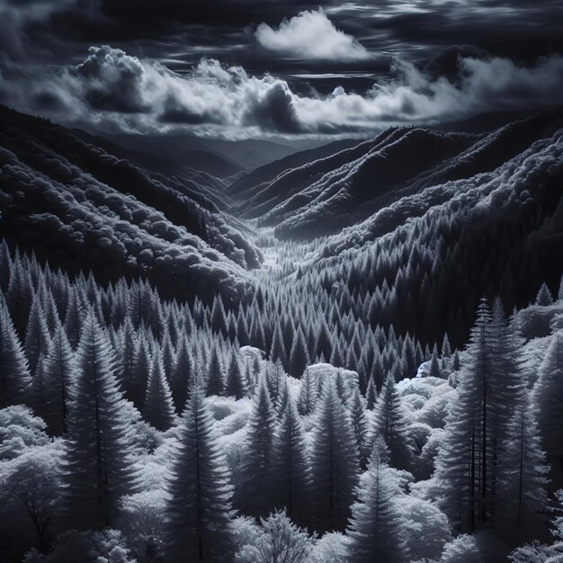 Ethereal View Mystical Infrared Forest Landscape with Mountains AI Generated