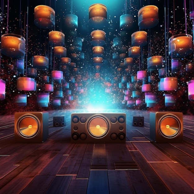 Photo an ethereal wall of speakers in a dreamlike setting floating in a nebulous space