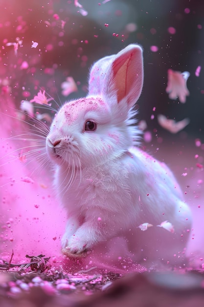 Ethereal White Rabbit in a Dreamy Pink Fantasy Forest with Magical Falling Petals