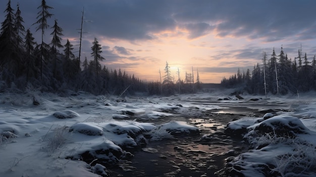 Ethereal Winter Landscape A Captivating Blend Of Snow River And Wilderness