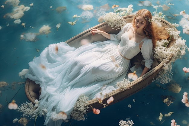 Ethereal woman in floweradorned boat on water