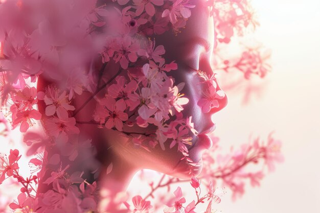 Эфирный профиль женщины, обернутый розовыми цветочными изображениями