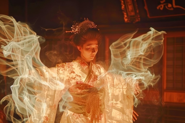 Ethereal Woman in Traditional Asian Attire with Ghostly Long Exposure Effect in a Vintage Setting