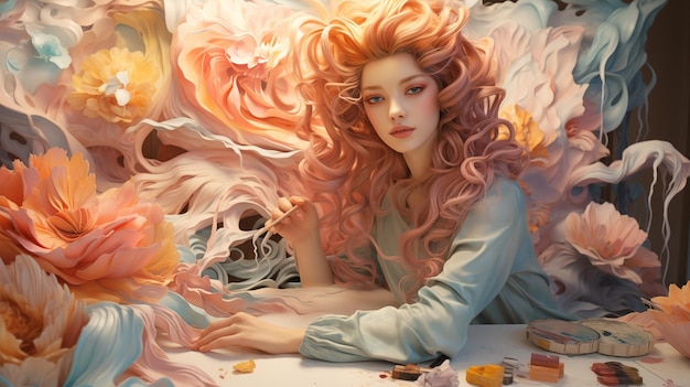 Ethereal Woman with Flowing Floral Hair