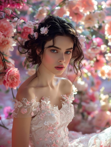 Ethereal Young Woman in a Blossoming Spring Garden with Pastel Pink Flowers