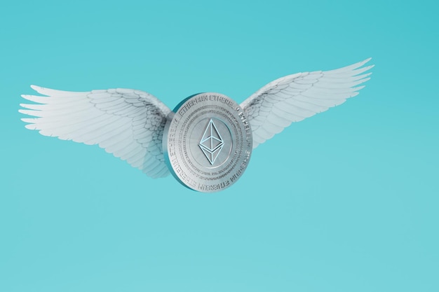 An ethereum coin flying on wings on a blue background 3d render