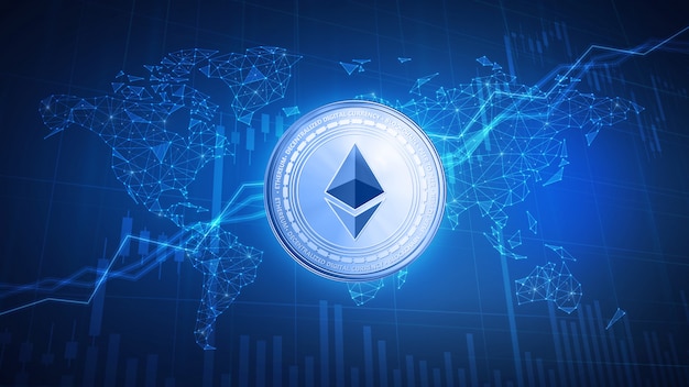 Moneta ethereum su sfondo hud con grafico azionario toro.