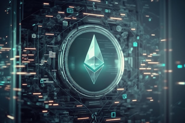 Ethereum coin symbol with blue light background network connection by generative AI