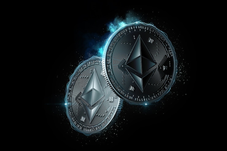 Photo ethereum coins glowing in the dark