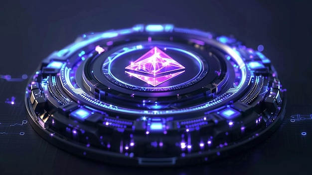 Фото Икона криптовалюты ethereum с светящимися световыми эффектами для концепции криптовалютных транзакций