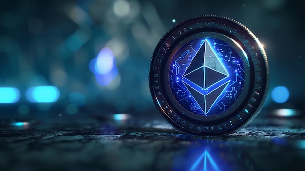 Фото Икона криптовалюты ethereum с светящимися световыми эффектами для концепции криптовалютных транзакций