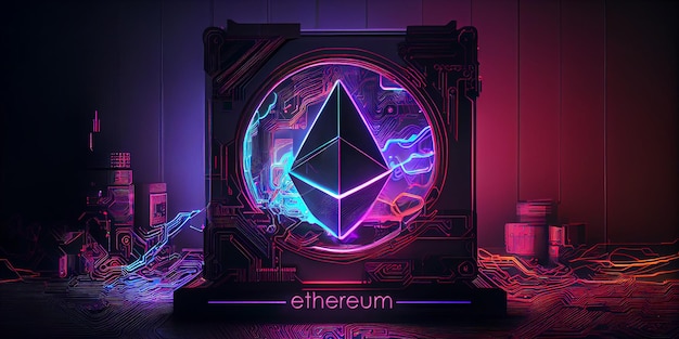 Криптовалютная монета Ethereum на графической карте ПК, концепция добычи криптовалюты Generative AI