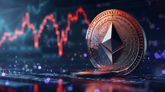 An Ethereum cryptocurrency coin with its distinctive logo set against a colorful background of trad