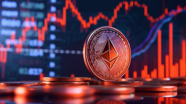 An Ethereum cryptocurrency coin with its distinctive logo set against a colorful background of trad