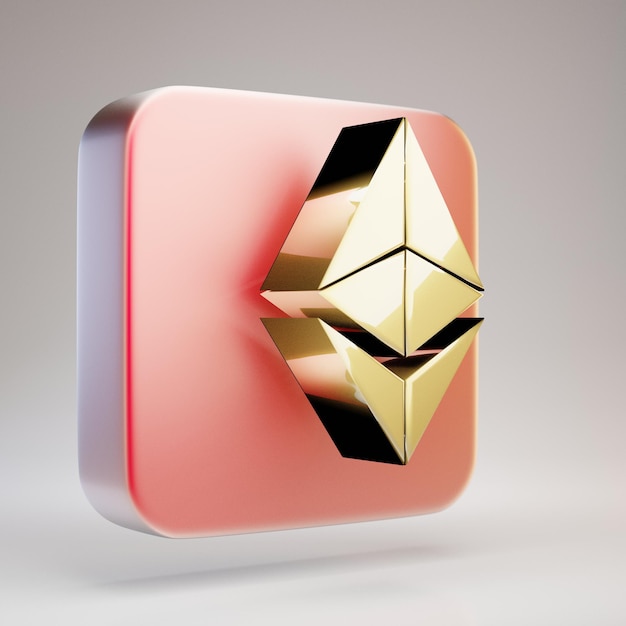 Значок криптовалюты Ethereum. Золото 3d визуализировало символ Ethereum на красной матовой золотой пластине.