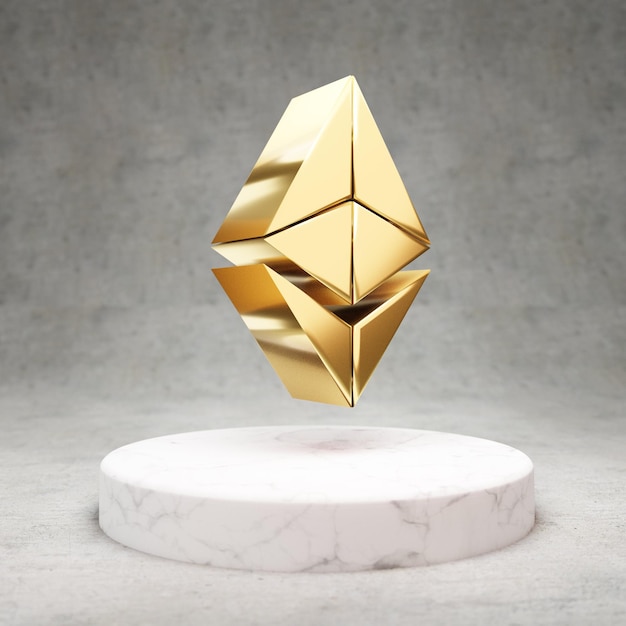 Ethereum cryptocurrency icon. Gold 3d rendered Ethereum symbol on white marble podium.