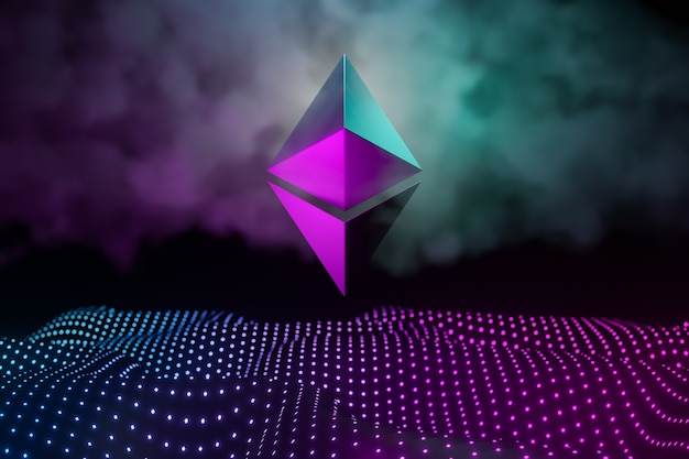 Концепция абстрактного фона технологии криптовалюты Ethereum. металлический логотип на светлом неоновом фоне в розово-синем цвете. 3D визуализация иллюстрации.