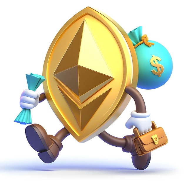 Foto ethereum munt personage met geld zakken en aktetas 3d rende