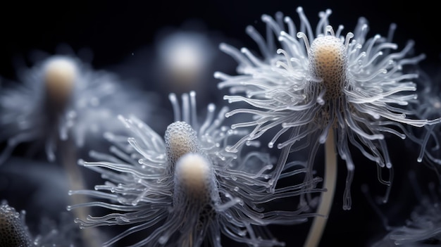 Etherisch biomorfisme Boeiende macrolensfoto van witte gesteelde bloem