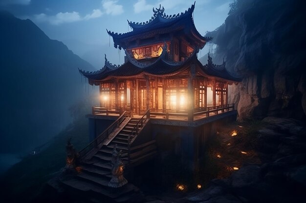 Etherisch fantasieberglandschap met oud Chinees huis