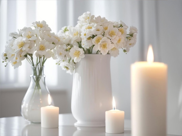 Etherische elegantie Witte bloemen in een witte keramische vaas met brandende kaarsen